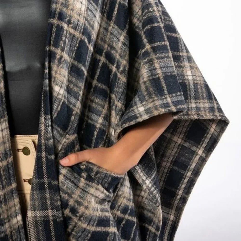 Miz Native Plaid Vegan Fringe Poncho - Picture 4 of 17